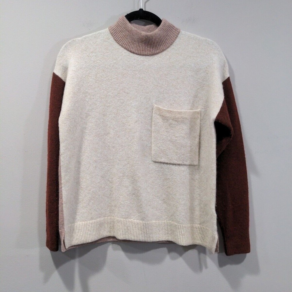 Madewell Womens Redmond Mock Neck Pocket Sweater Colorblock Size XS Boxy Beige